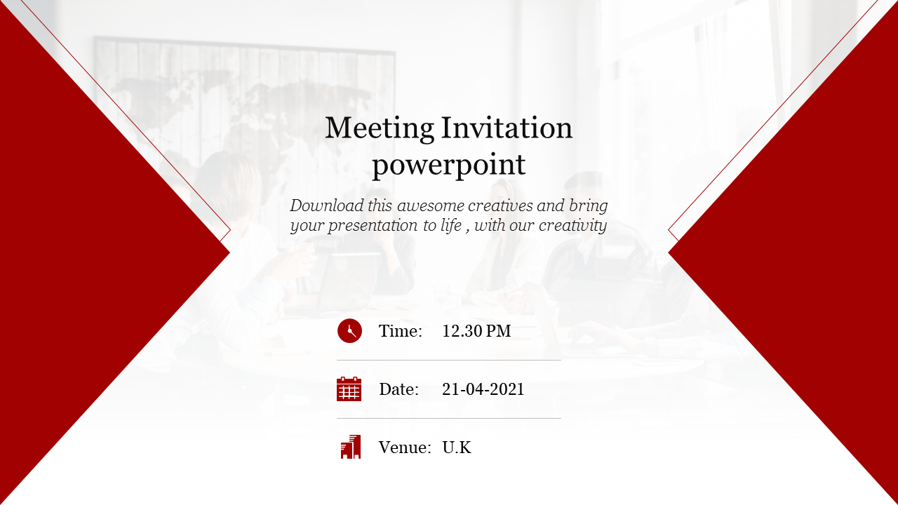 Meeting invitation PPT template displaying event details such as time, date, and venue, with an office setting background.