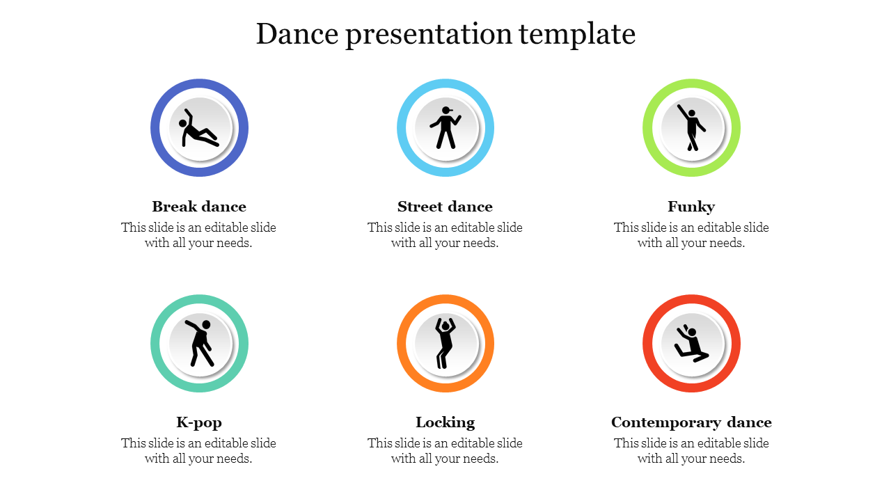 Slide with six circular icons with colored borders representing different dance styles, arranged in a grid layout.