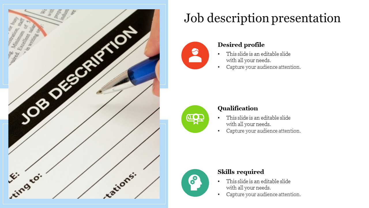 A PowerPoint slide featuring a close up of a job description document with three caption sections and color coded icons.