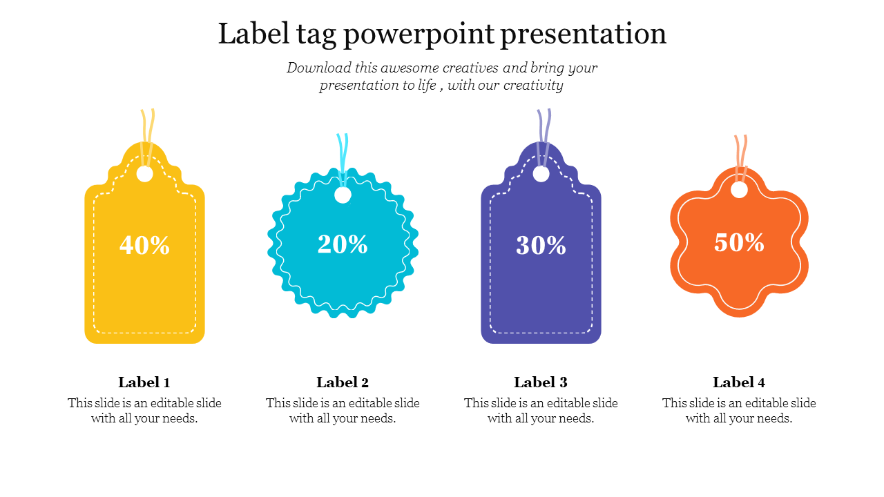 Slide featuring four tags in yellow, blue, purple, and orange, each displaying a percentage, on a white background.