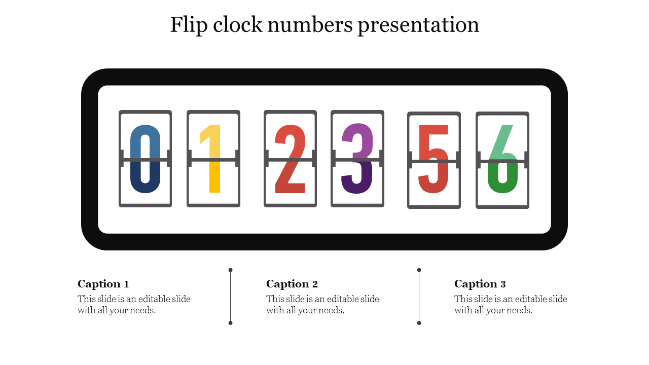 Flip clock with numbers and three text placeholders areas beneath placed in a white background.