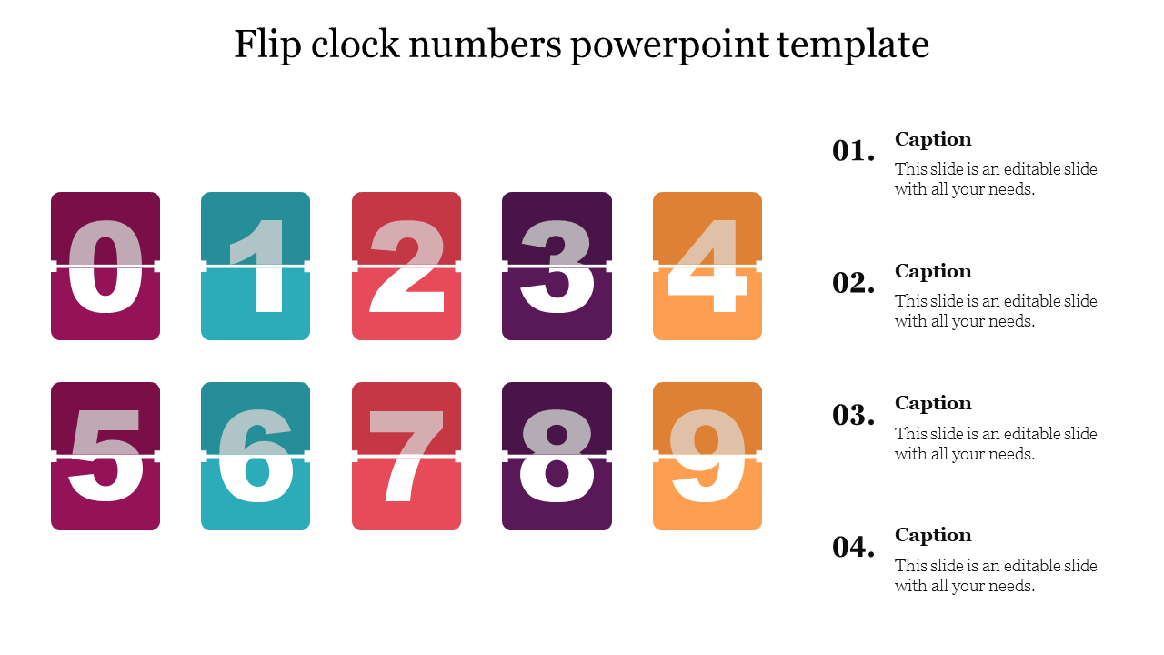 Colorful flip clock numbers 0-9 in two rows on the left, with four numbered captions on the right.