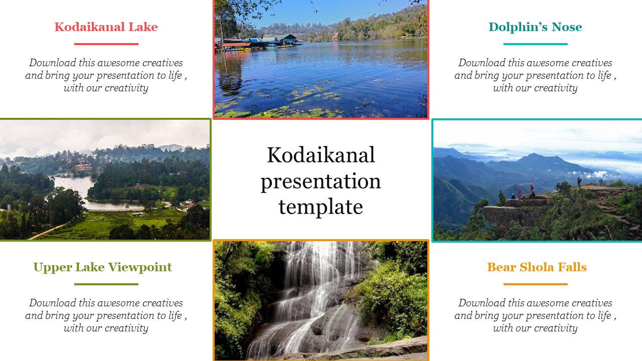 Slide with four images of Kodaikanal attractions, including lake and mountain views, each with caption areas.