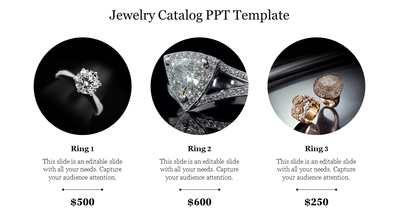 Jewelry catalog with three rings displayed in circular frames with prices and descriptions below.