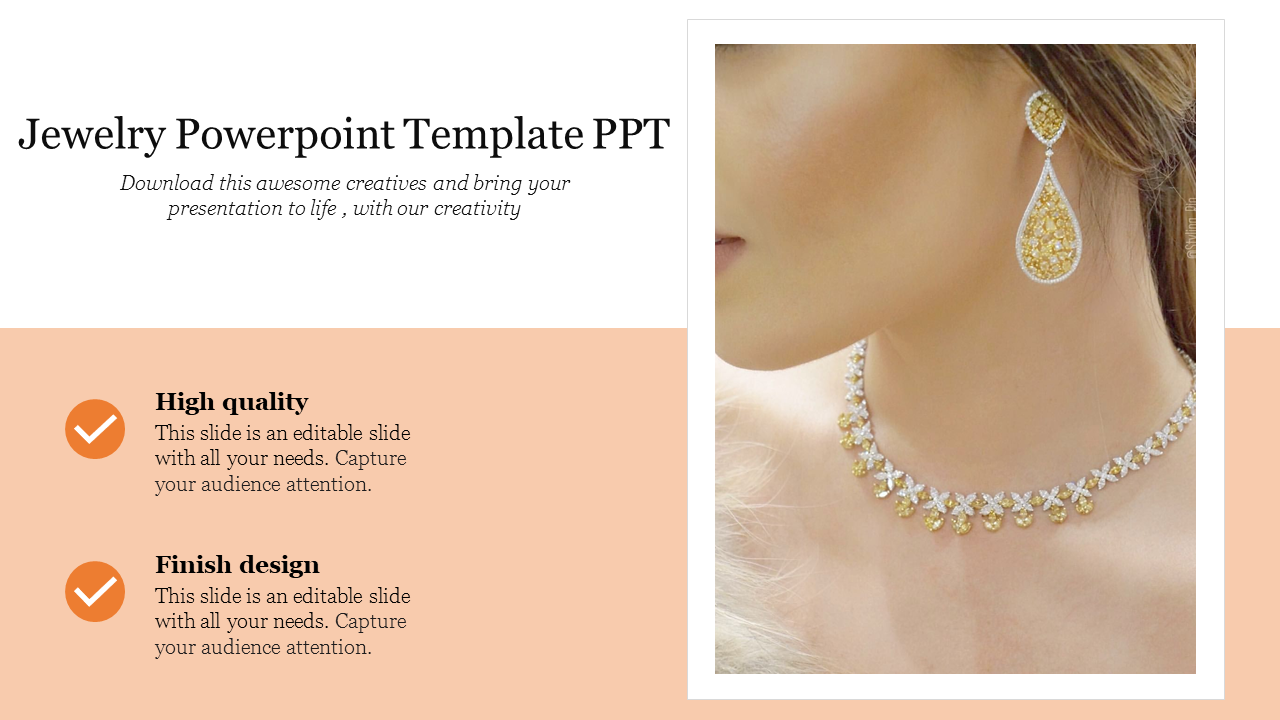 Jewelry slide with an image of gold and silver earrings and necklace, emphasizing high quality design with placeholder text.