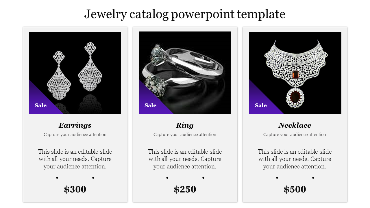 Slide displaying a jewelry catalog featuring three products earrings, a ring, and a necklace, each with a price tag.