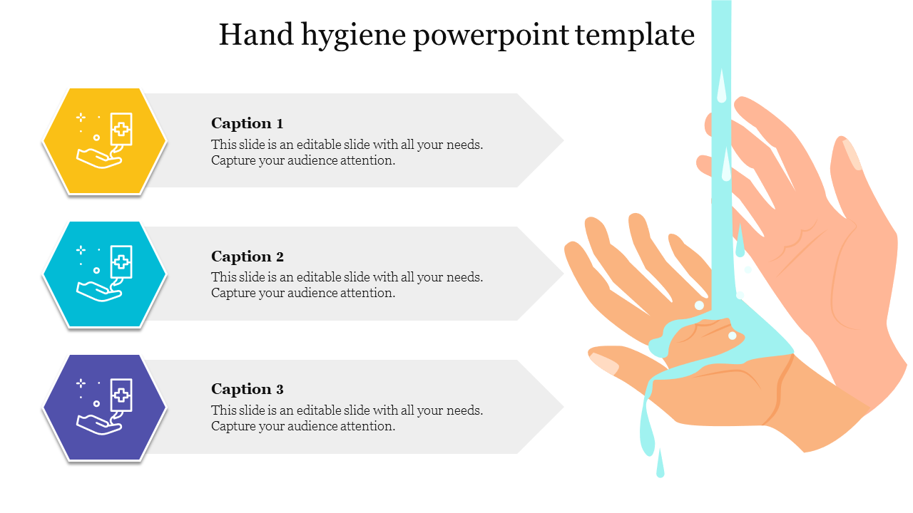 Three hexagons in yellow, blue, and purple with icons, and illustartion of hands being washed under water.