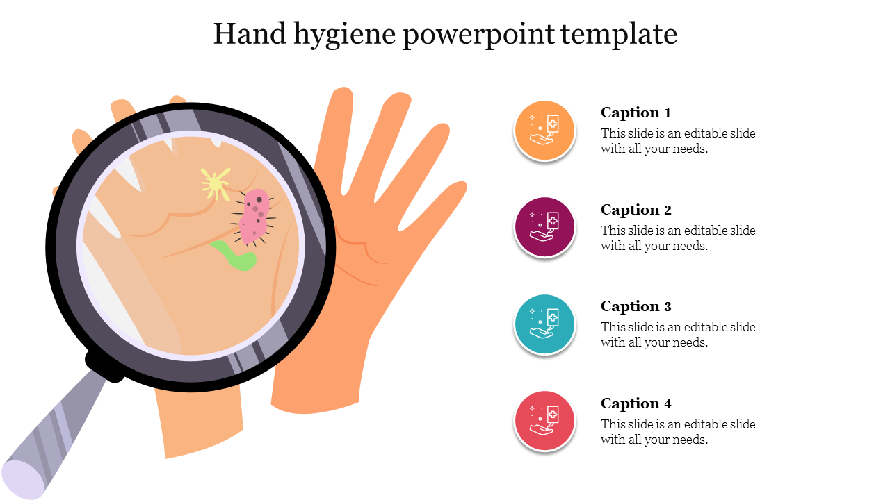 Illustration of hands under a magnifying glass, revealing germs, with four colorful caption icons on the right.