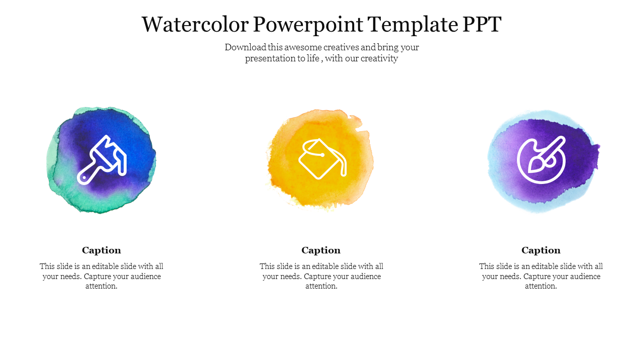 Template with three watercolor circles in blue, yellow, and purple, each containing a white artistic icon and captions blow.