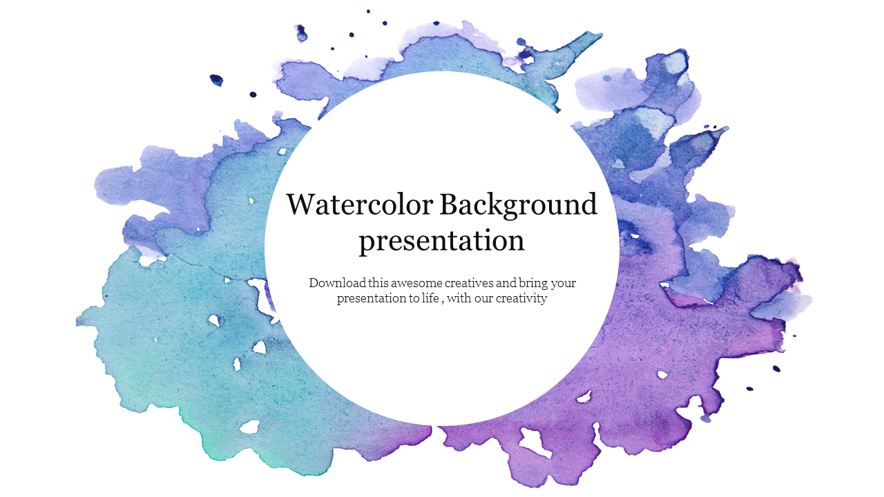 Abstract watercolor background with a central white circle, featuring blue, purple, and green paint splashes around it.