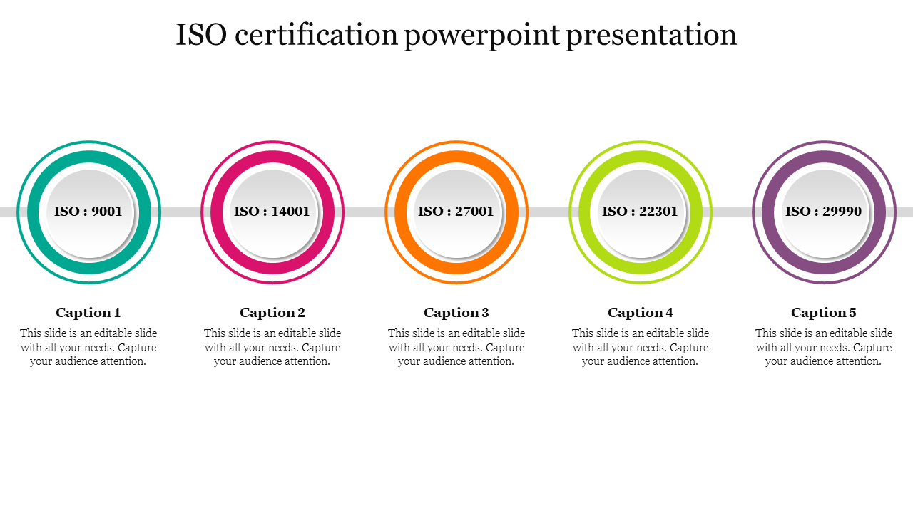 Five circular elements in teal, pink, orange, green, and purple displaying ISO certifications with text below each.