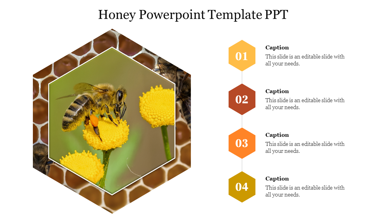 A bee on yellow flowers inside a hexagonal honeycomb frame, with four numbered hexagons and text on the right.