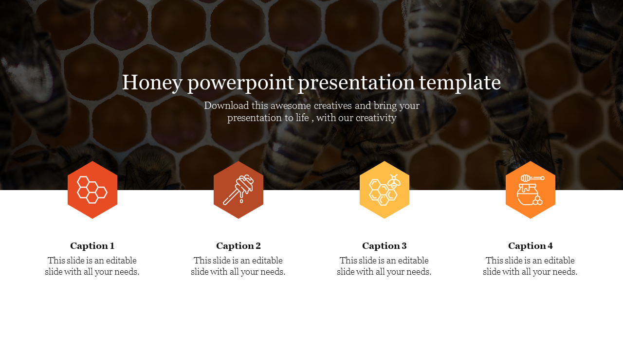 Four hexagonal icons representing honey-related symbols, with a bee-filled honeycomb backdrop.