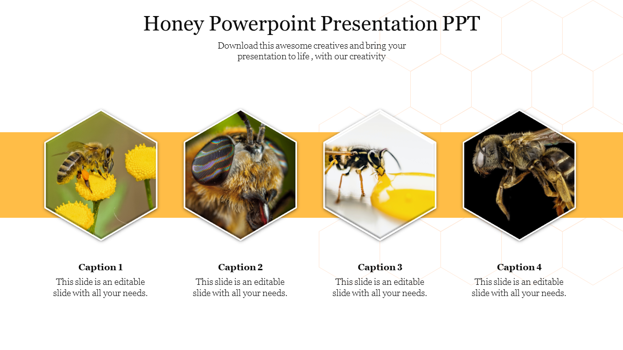 Hexagonal images of bees engaged in different actions, laid out in a row with captions below, on a yellow accent.