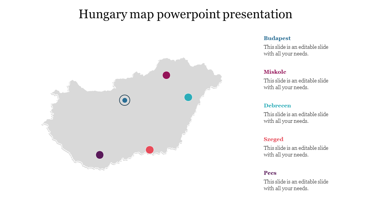 Hungary map with colored markers for cities, including Budapest, and color-coded caption areas on the right.