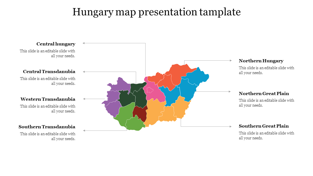 Hungary map with different regions in vibrant colors and seven text boxes listing regional names.