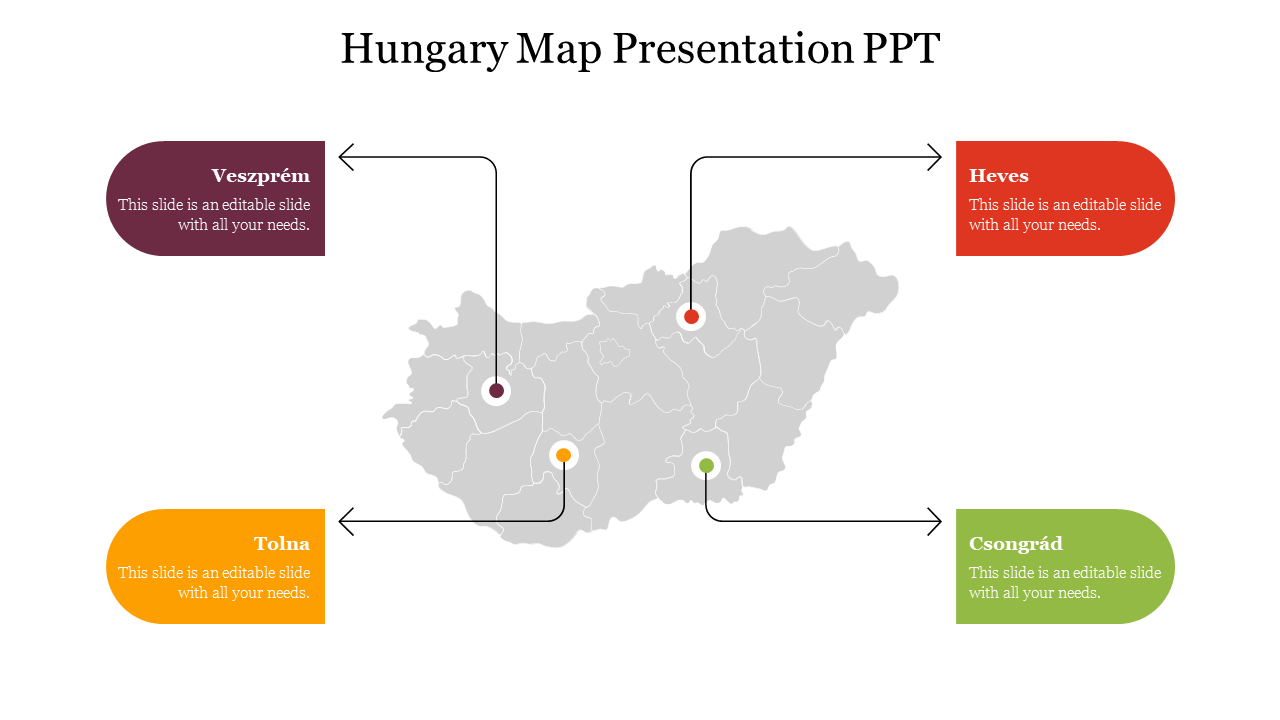 Slide featuring Hungary's map with four arrows pointing to cities, each labeled with colored caption areas.