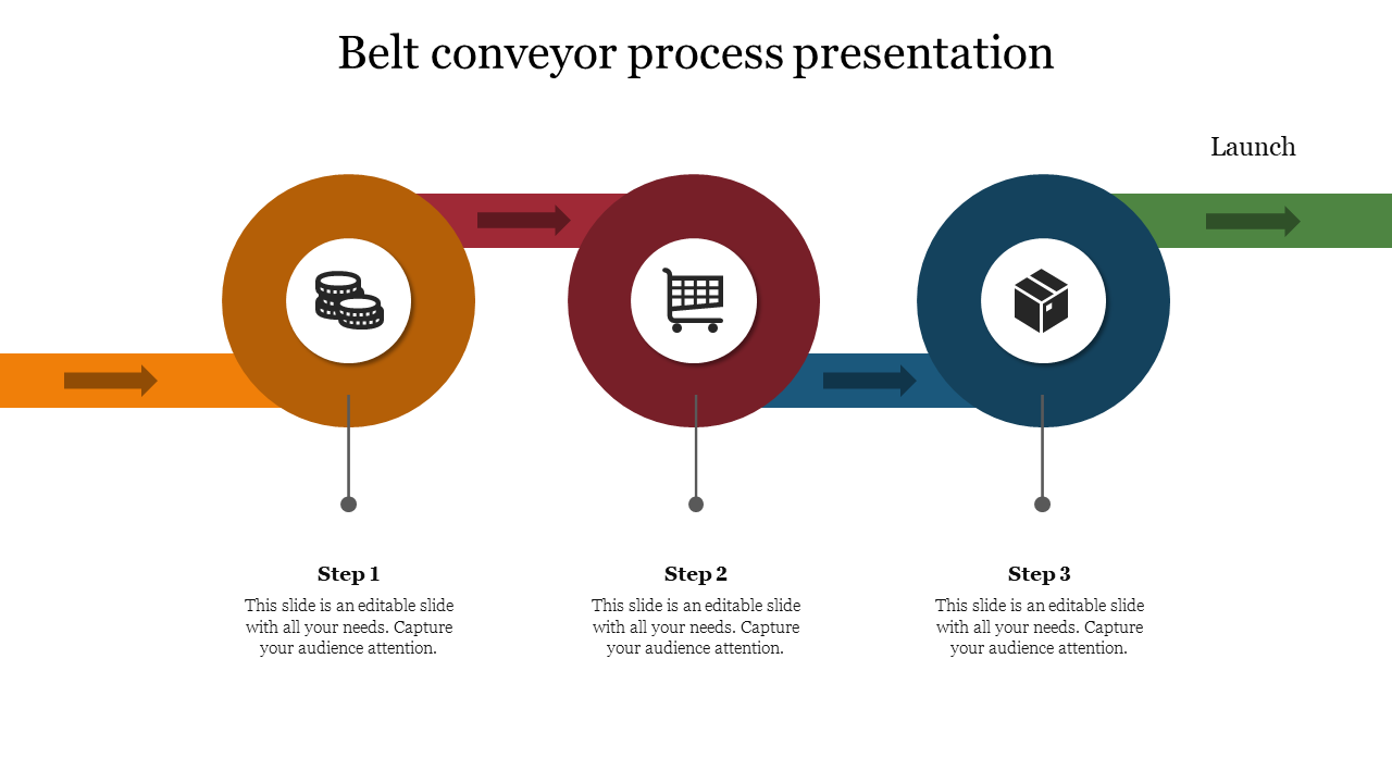 Belt conveyor process slide illustrates three key steps in the process with icons and placeholder text.