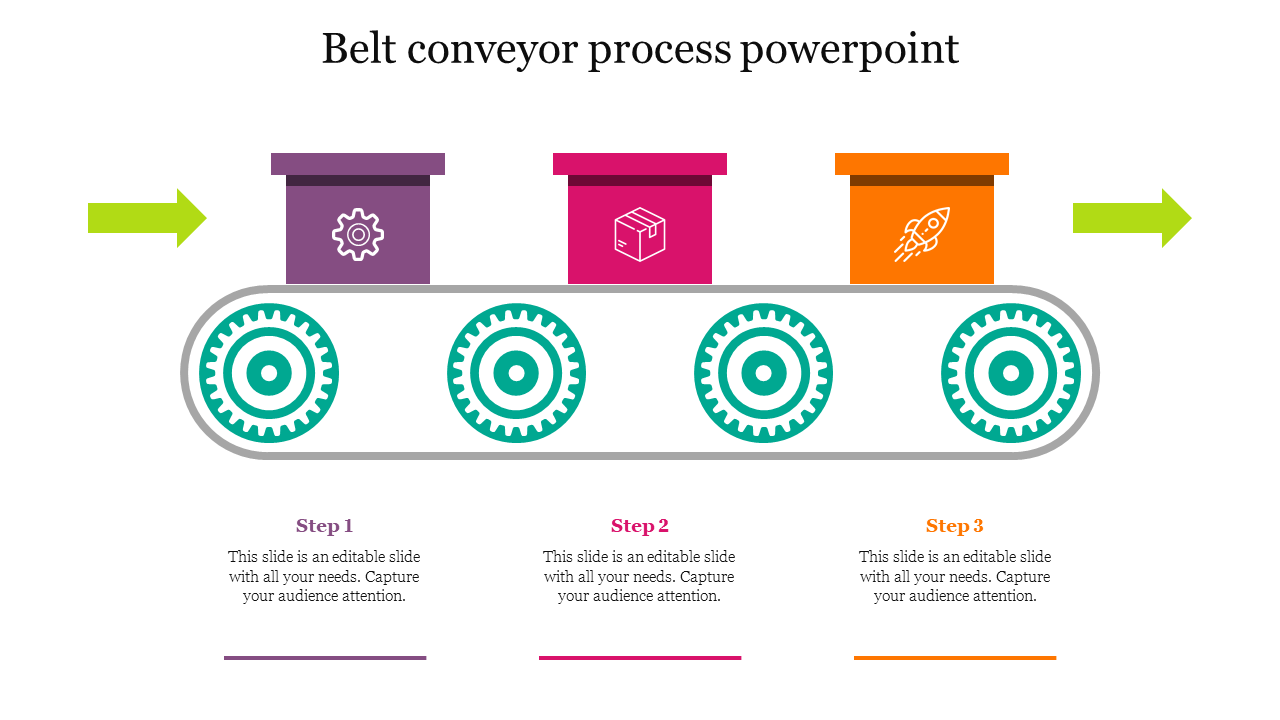 Belt conveyor slide with colorful boxes representing different stages of a process with color coded icons and text.