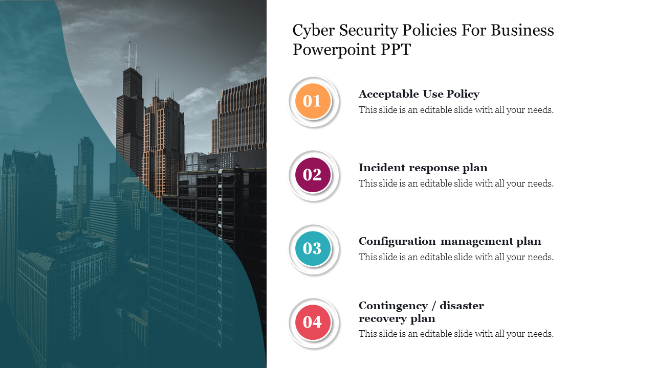 Cityscape on the left with a list of four cyber security policies on the right, each with a numbered circle.