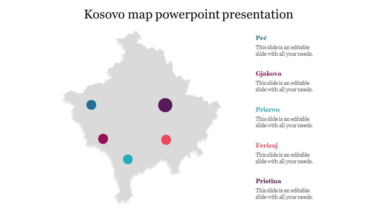 Map of Kosovo with colored markers indicating cities, with labels on the right.