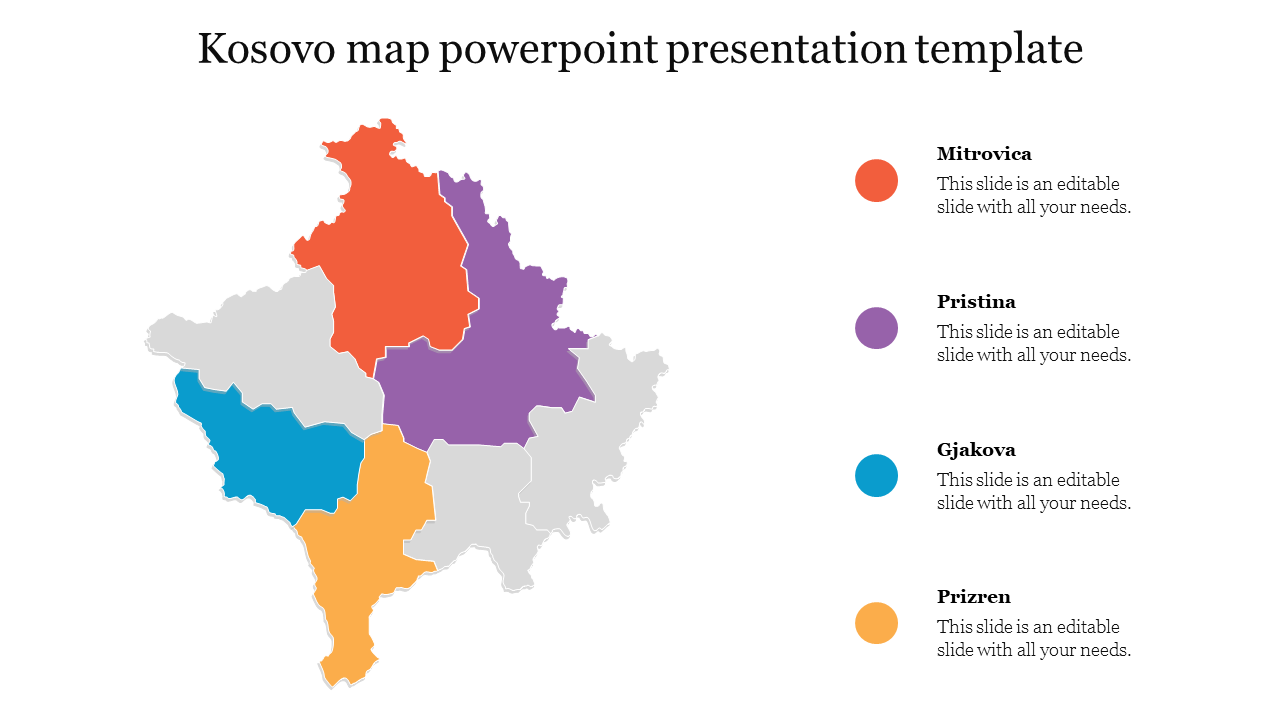 A Kosovo map slide featuring a colorful outline of the country, highlighting five cities with placeholder text.