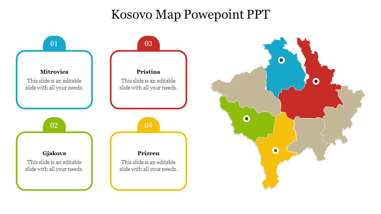 Slide of a Kosovo map with four marked regions in blue, green, red, and yellow, with corresponding numbered text boxes.