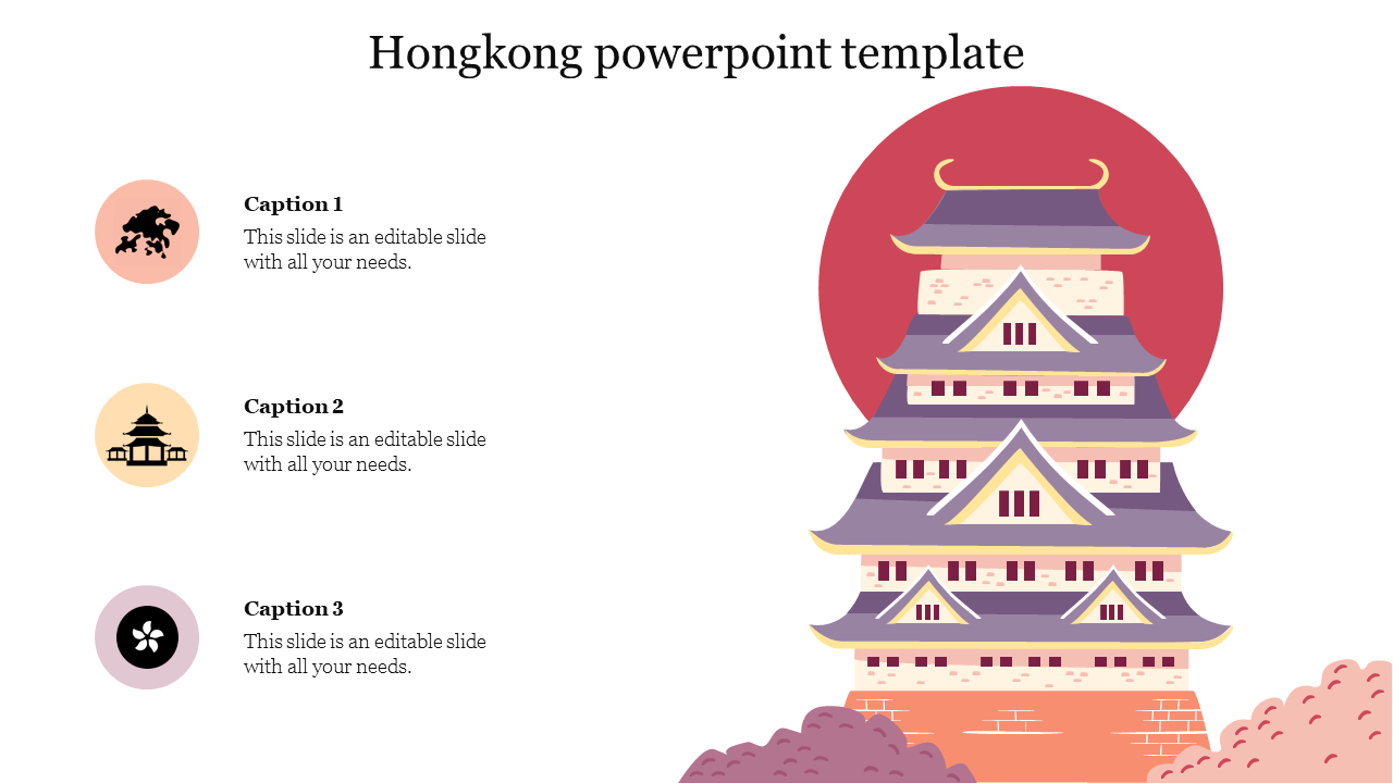 Traditional Hong Kong pagoda illustration with three circular icon placeholders on the left side of the slide.