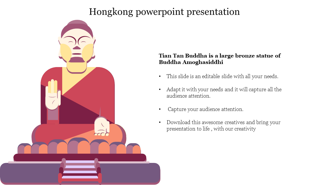 PowerPoint slide showcasing Tian Tan Buddha, a large bronze statue in Hong Kong, with text options.