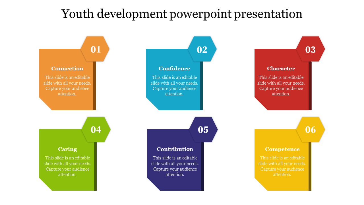 Six colored hexagon-shaped text boxes arranged in two rows, for youth development each labeled  and placeholder text.