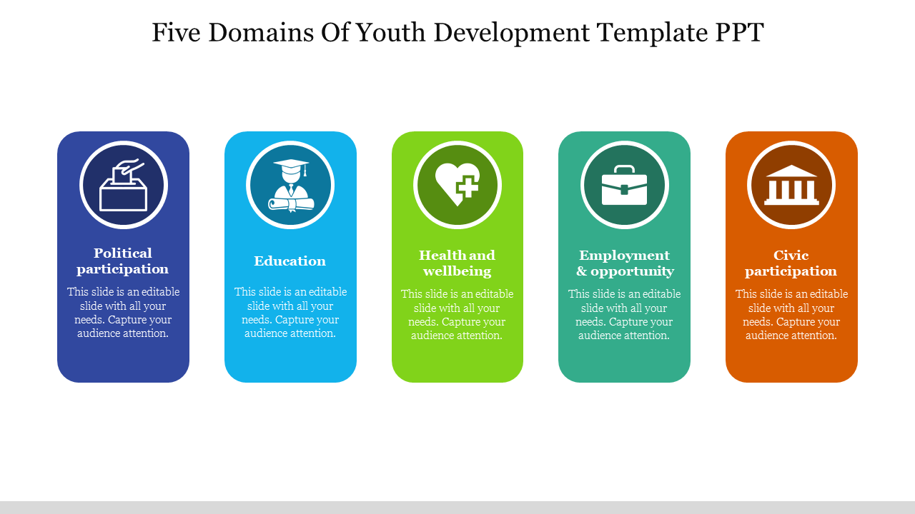 A series of five vertical blocks in blue, green, and orange shades, each with an icon and text area.