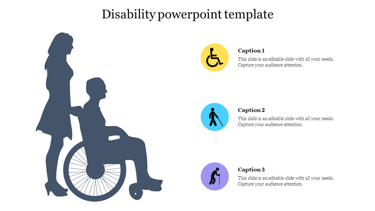 Silhouette of a woman pushing a man in a wheelchair and three colorful disability icons with captions on the right.