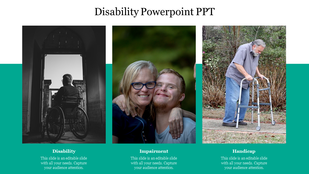 Three panel layout showing disability themes of wheelchair user, embracing pair, and elderly man with a walker.