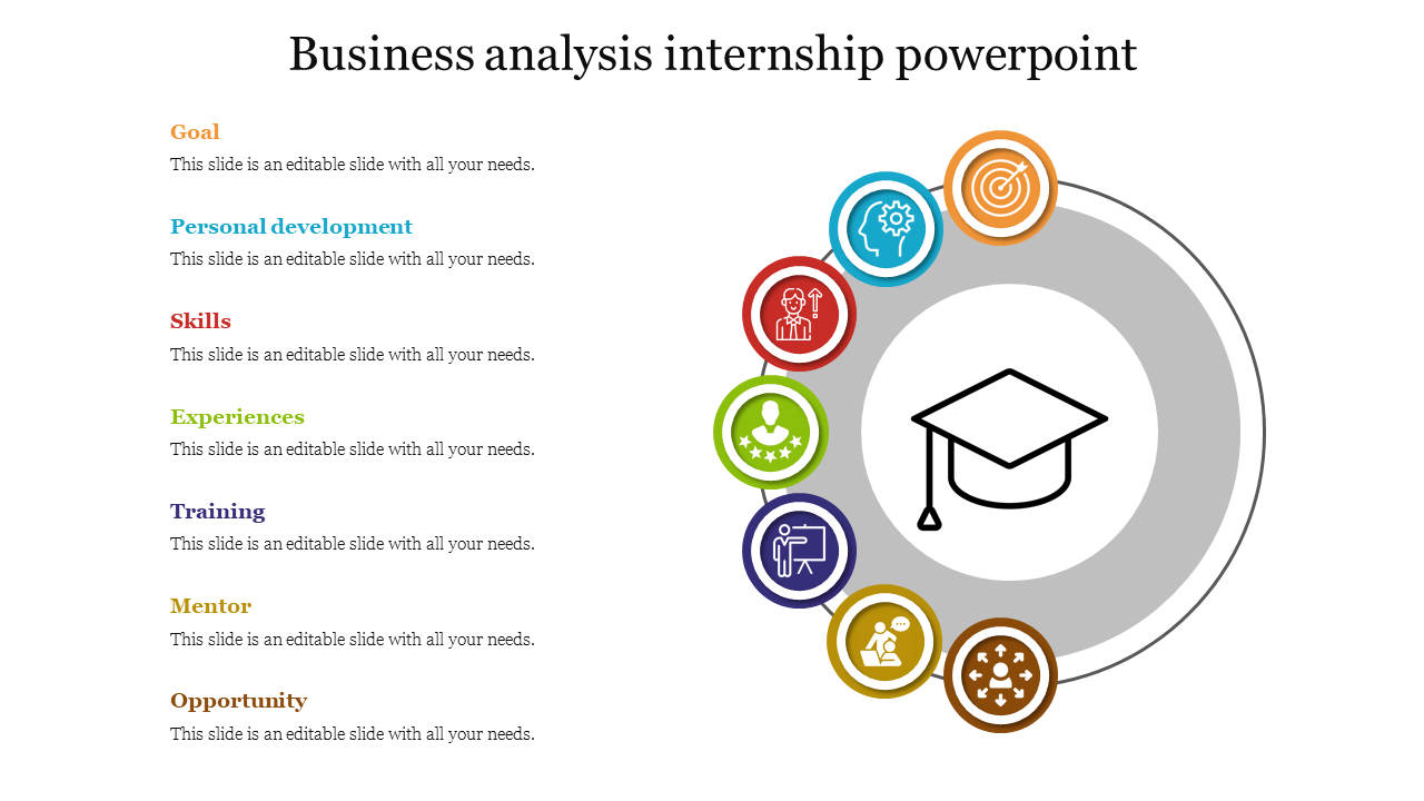 Business analysis internship slide with colorful icons from goal to opportunity with placeholder text.