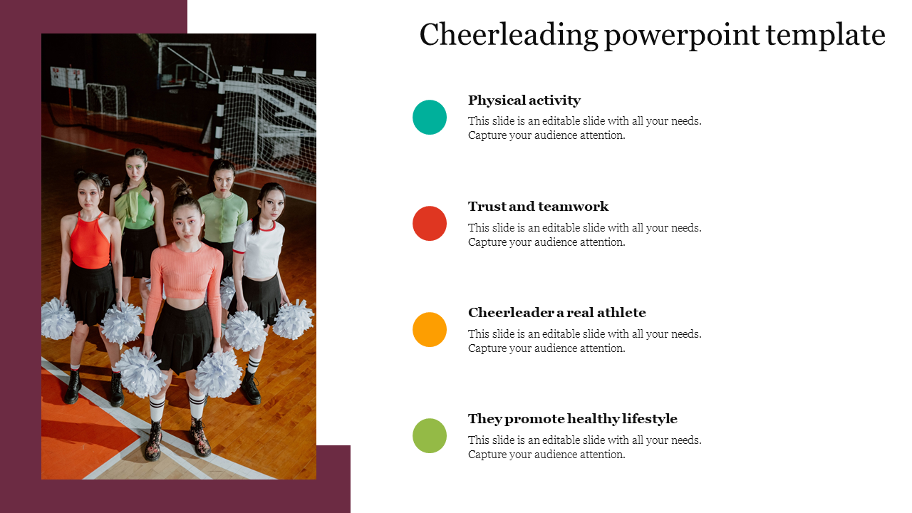 Group of five cheerleaders holding pom-poms in a gymnasium, with four colored icons and text on the right.