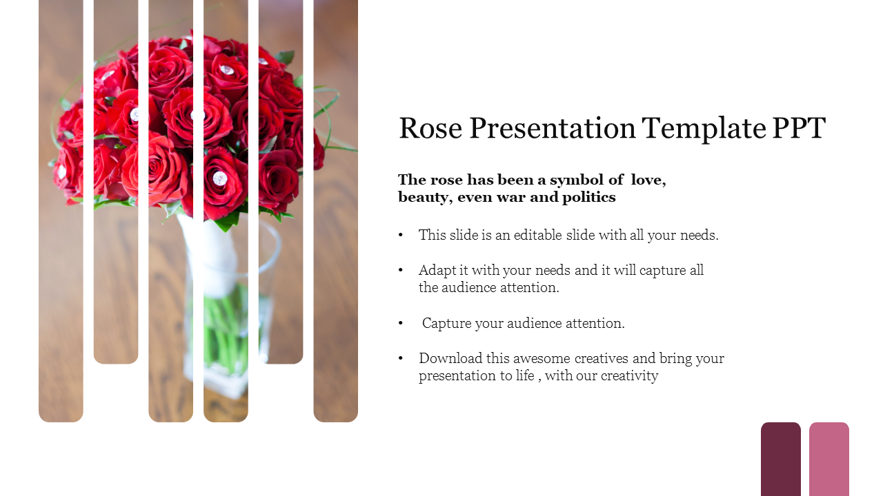 Red roses in a vase displayed through vertical cut-out stripes, paired with text and icons on a white background.