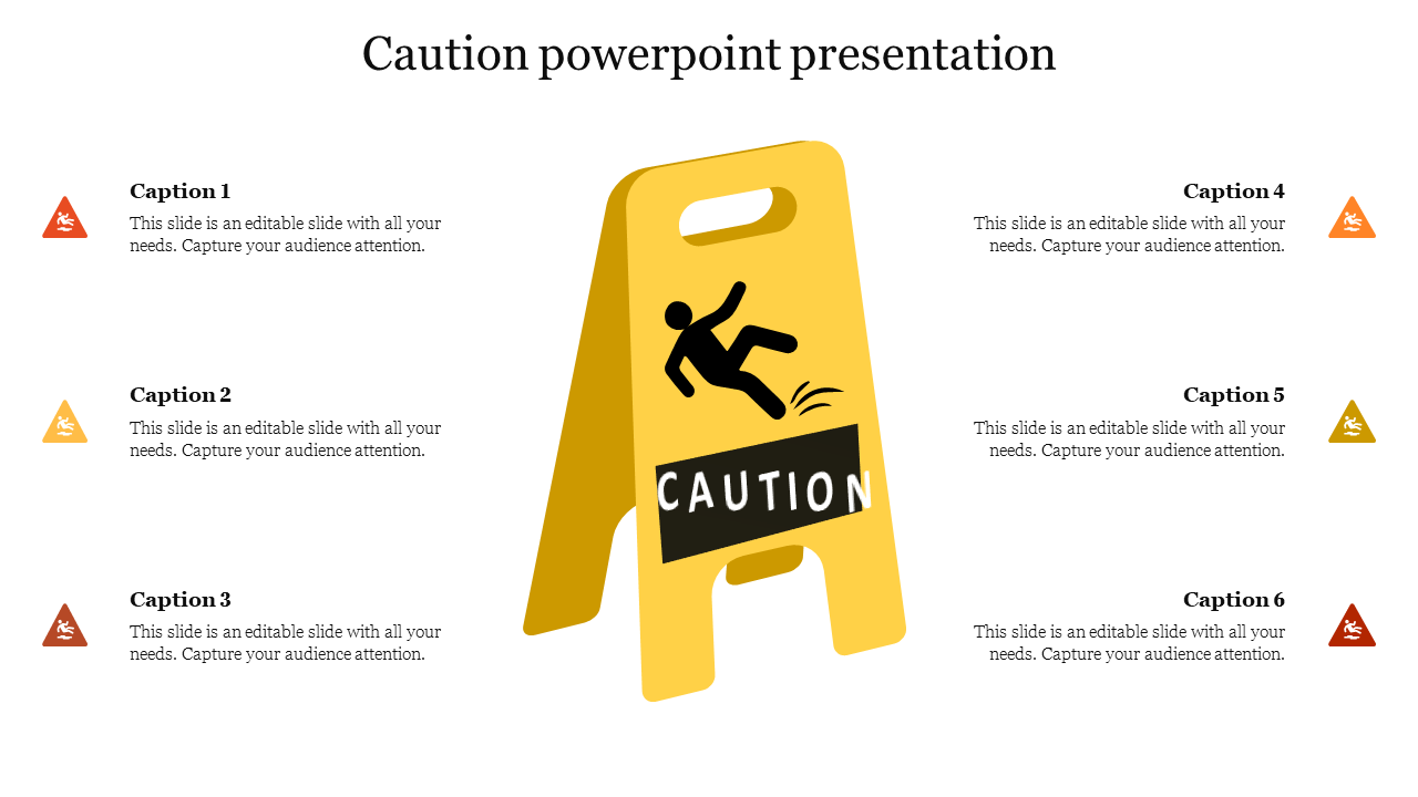 Central caution board in yellow, displaying a slipping figure, flanked by six colorful warning triangles with captions.