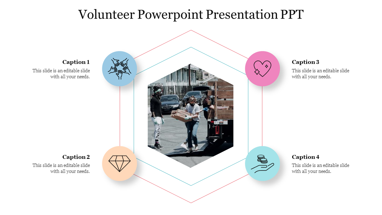 Volunteer slide with hexagonal photo center, surrounded by four icons in blue, pink, peach, and teal circles.