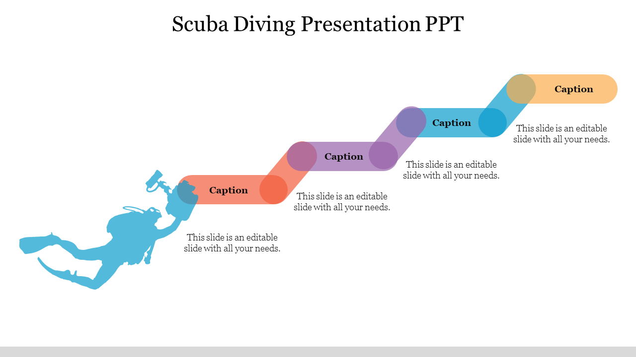 Silhouette of a scuba diver on the left with a multi-colored zigzag path containing caption placeholders.