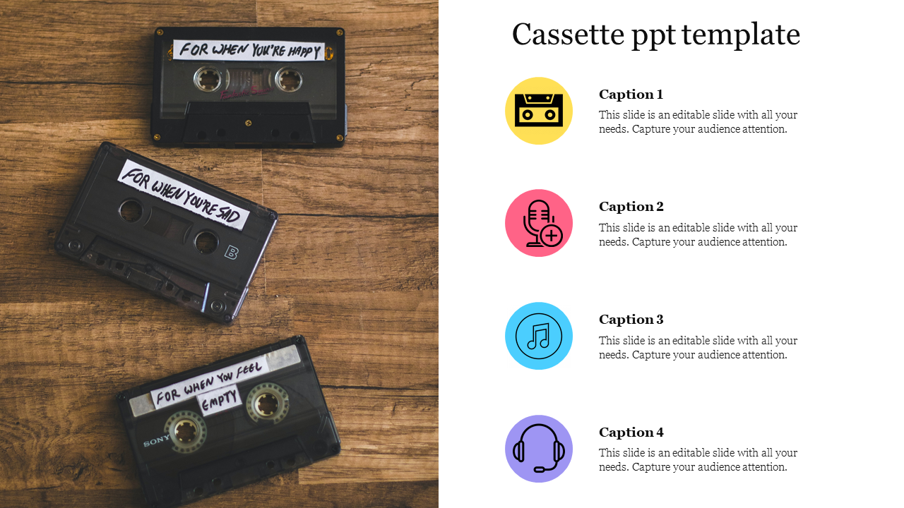 Cassette themed slide with labeled cassette tapes on a wooden surface and colorful icons with captions on the right.