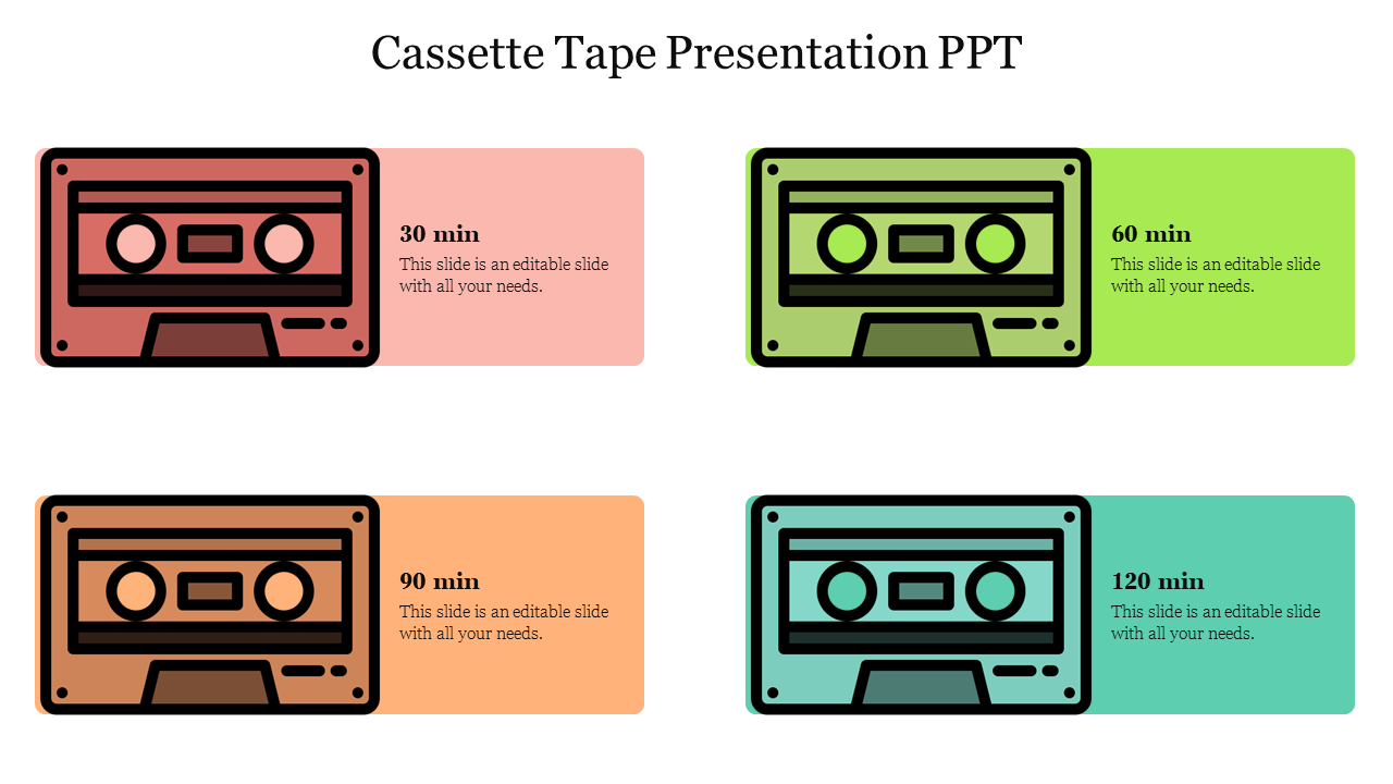 Four cassette icons with colored rectangles in pastel shades of pink, green, orange, and teal, each with time durations.