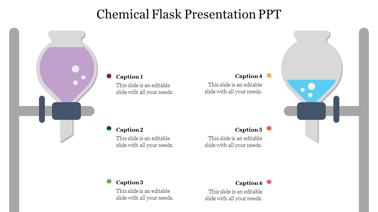 Slide with purple and blue chemical flasks on stands, surrounded by six caption areas.