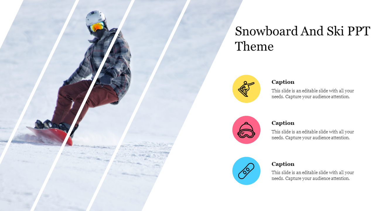 Snowboard themed slide featuring a snowboarder in action on the left, with three caption areas on the right.