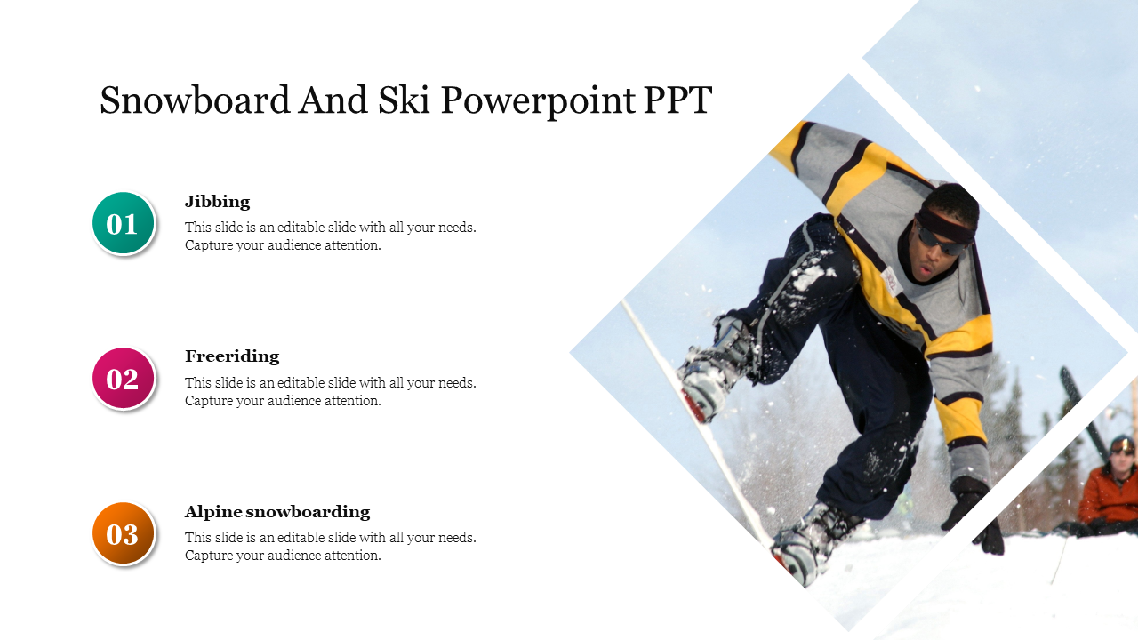 Snowboarder mid-jump on the right with three numbered placeholder captions for skiing and techniques on the left.