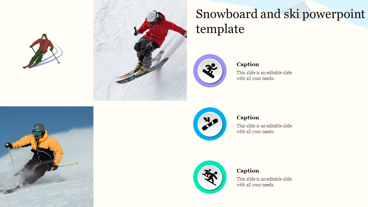 Skiing and snowboarding slide with images of a skier and snowboarder in action, plus icons for caption areas. 