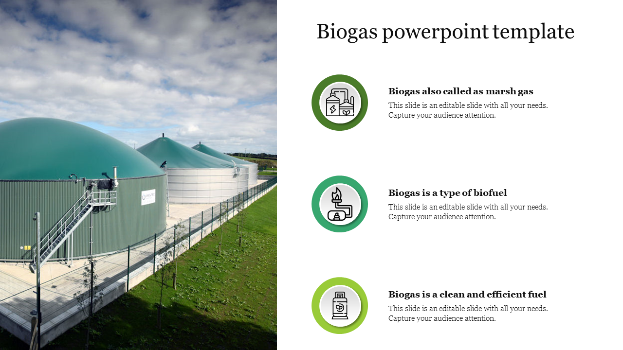 Biogas plant with green storage domes with three informational sections on the right.