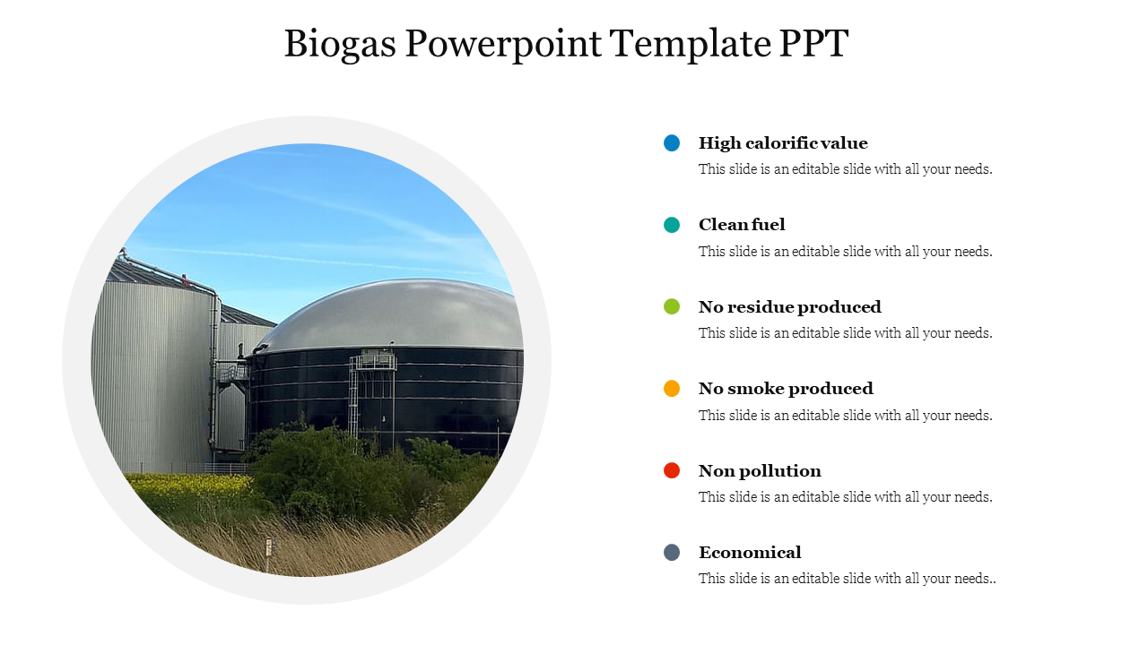 Slide with a biogas facility image on the left and six key points about biogas benefits listed on the right.