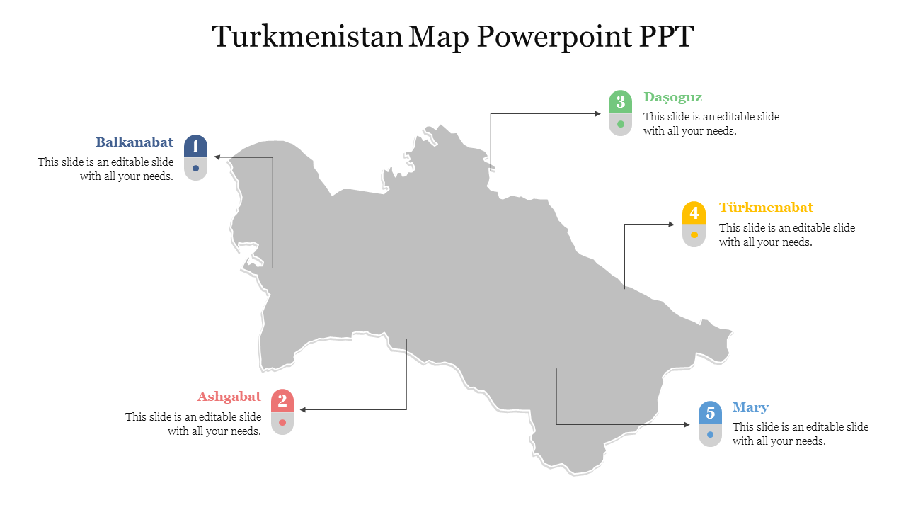 Geographical map of Turkmenistan highlighting five major cities with labels and arrows showing from Balkhanabat to Mary.