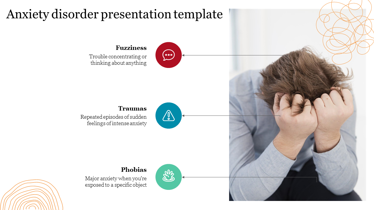 Image of a stressed person holding their head, with icons and caption area  on the left for three types of anxiety symptoms.