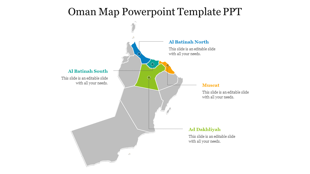 Gray map of Oman with colored regions in blue, green, teal, and yellow, each labeled with a corresponding name.